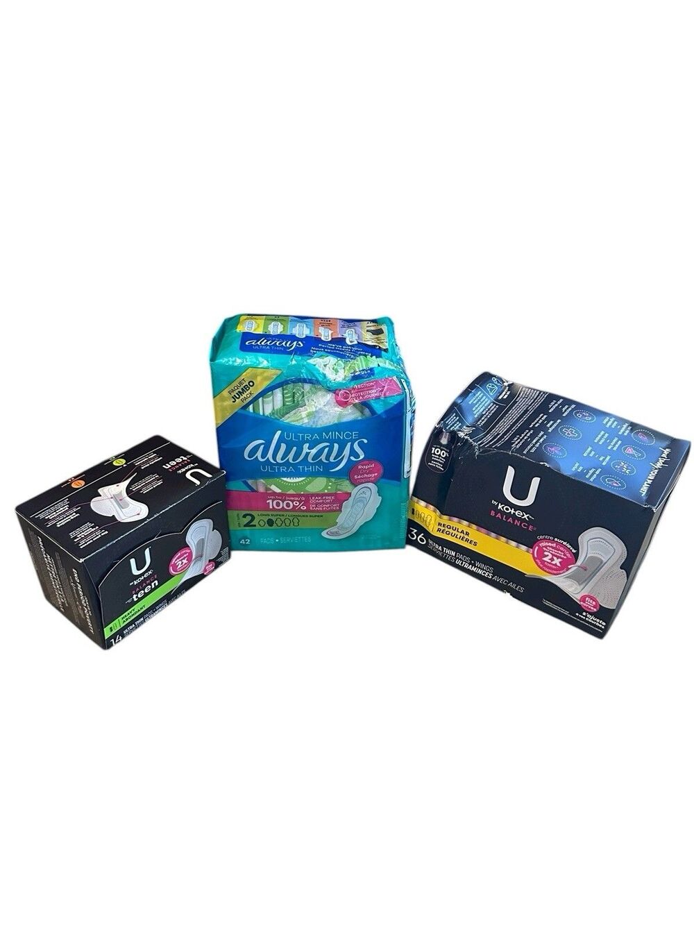 LOT OF 3 Packages Always * Kotex U Ultra Thin Pads 92 Total